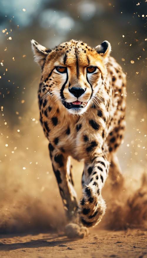 Pintura dibujada a mano de un guepardo corriendo, mostrando una vibrante variedad de puntos exóticos esparcidos por un pelaje dorado.