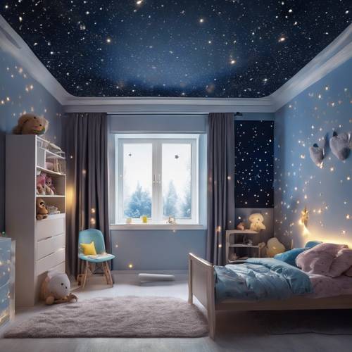 חדר שינה של ילד עם כוכבים זוהרים בחושך מסודרים על התקרה המחקים לילה זרוע כוכבים.