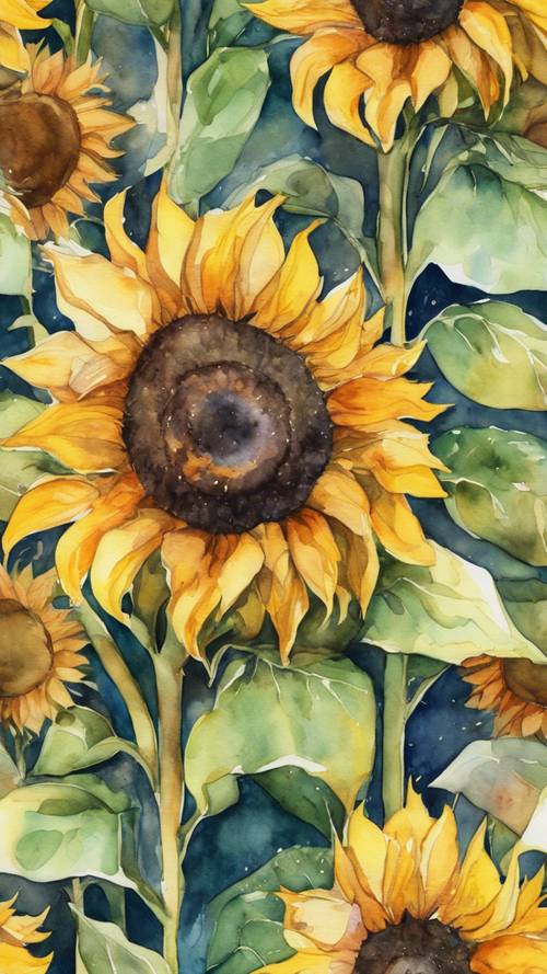 Lukisan cat air bunga matahari yang cerah dengan sentuhan modern.