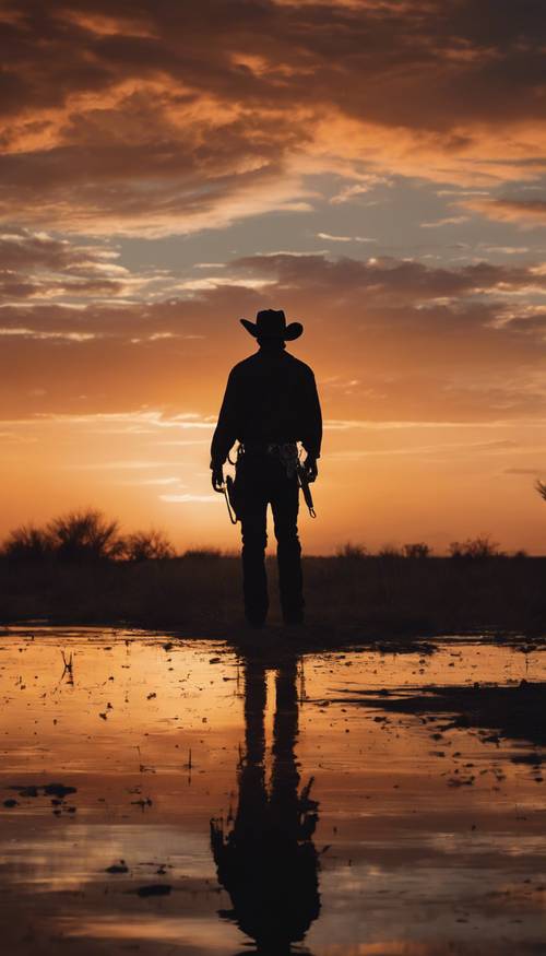 Un cowboy solitario che si staglia contro un tramonto arancione nel selvaggio West