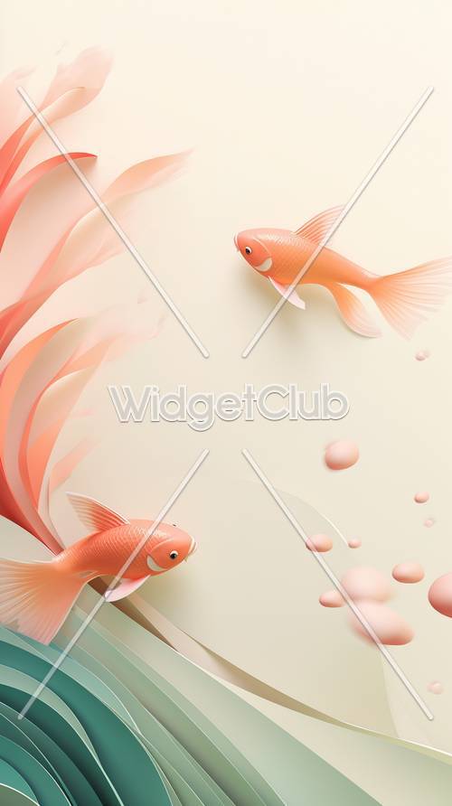 부드러운 베이지색 배경에서 수영하는 두 마리의 주황색 물고기