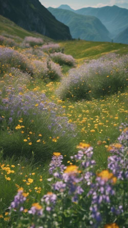 A mountain with a carpet of wildflowers blooming on its verdant slopes in spring.