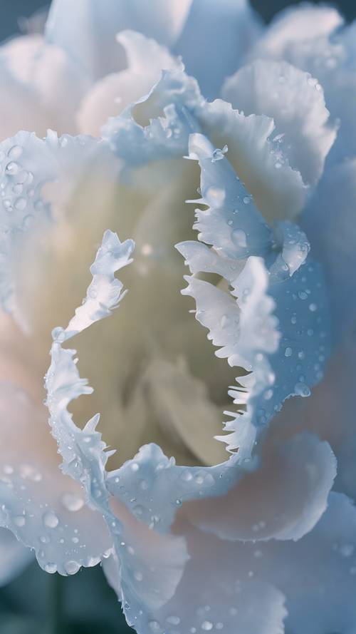 Un fresco fiore di garofano blu pastello toccato dalla rugiada che si apre all&#39;alba.