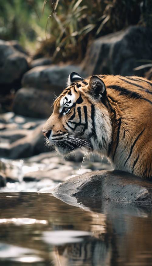 Ein Tiger mit glatten schwarzen Streifen und weißem Fell, der ruhig Wasser aus einem Dschungelbach trinkt.