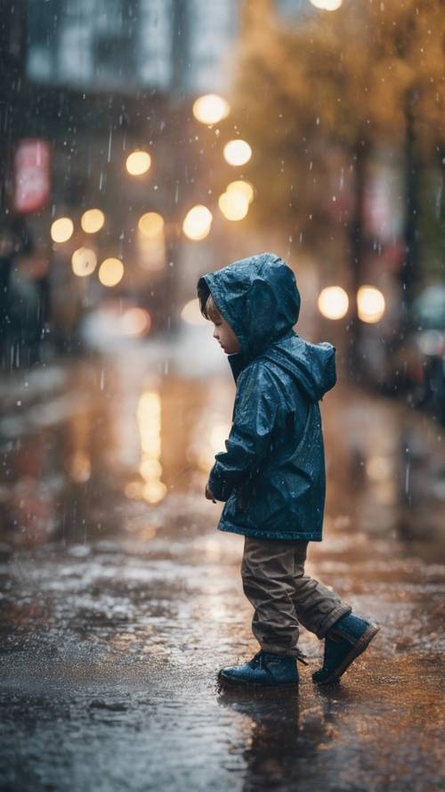 처음으로 비를 경험한 어린 소년.