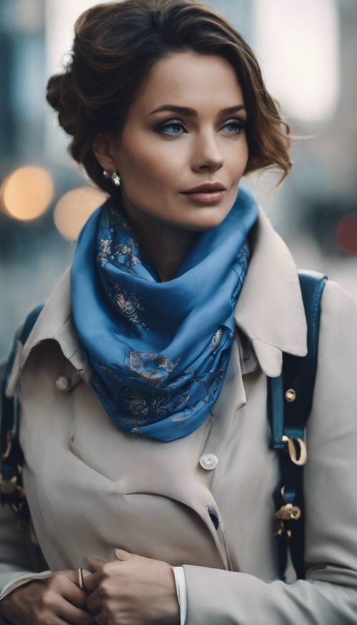 Uma senhora elegante usando um lenço de seda azul no pescoço.