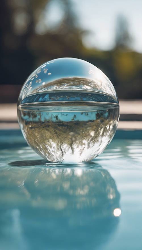 Una palla d&#39;argento riflettente in una pozza di tranquillo liquido blu sotto un cielo limpido.