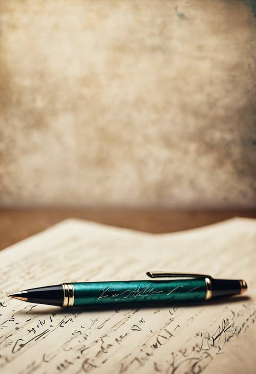 一支金属蓝绿色圆珠笔，悬在一张古老的羊皮纸上，上面刻着优雅的笔迹。