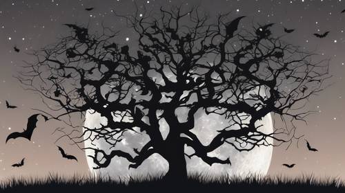 A sinewy black tree silhouetted against the moon, with bats flying around it on Halloween night.