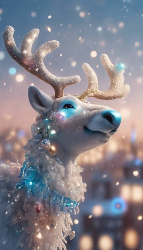 Uma rena com nariz azul pastel voando sobre uma cidade decorada em tons pastéis durante a época do Natal.