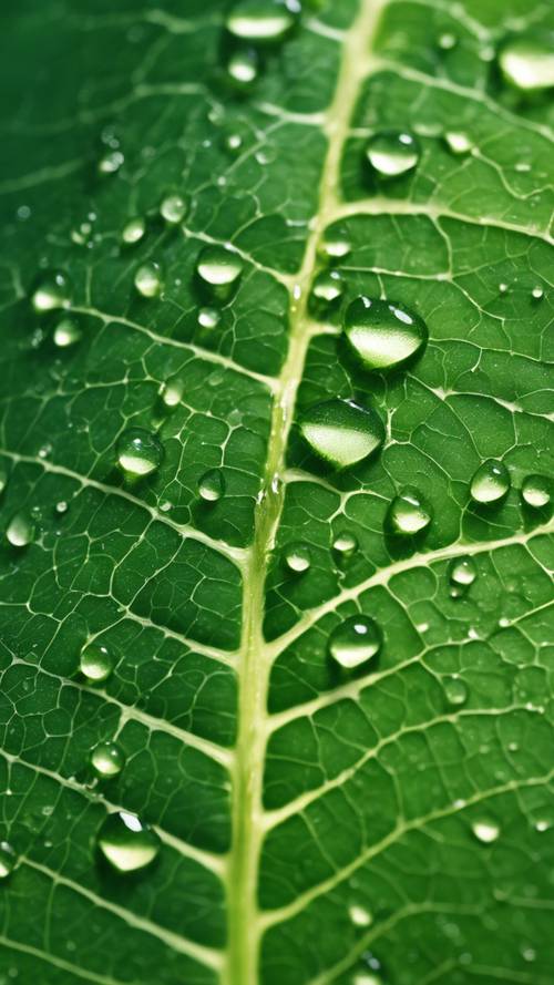 An extreme close-up of a fresh green leaf with visible veins and dew droplets reflecting the morning glow.