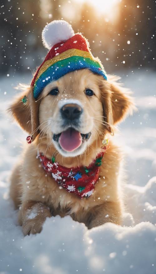 Un cucciolo di golden retriever che indossa un cappello natalizio multicolore da giullare e gioca allegramente nella neve.