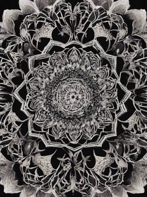 An intricate mandala pattern intricately featuring a medley of black flowers. Tapet [64deb46e075b4eb7a223]