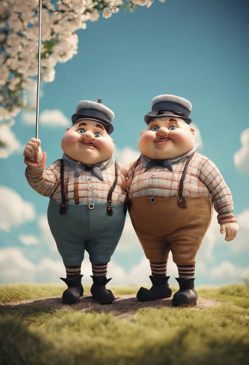 Tweedledee e Tweedledum, parecidos e de mãos dadas, sob o céu ensolarado.