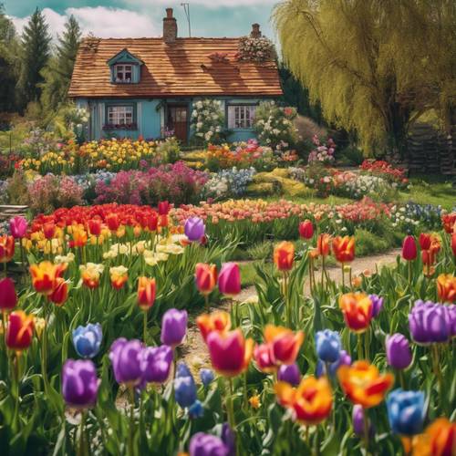 A vibrant scene featuring a cottage, its garden teeming with a patchwork of colorful, blooming tulips and daisies.
