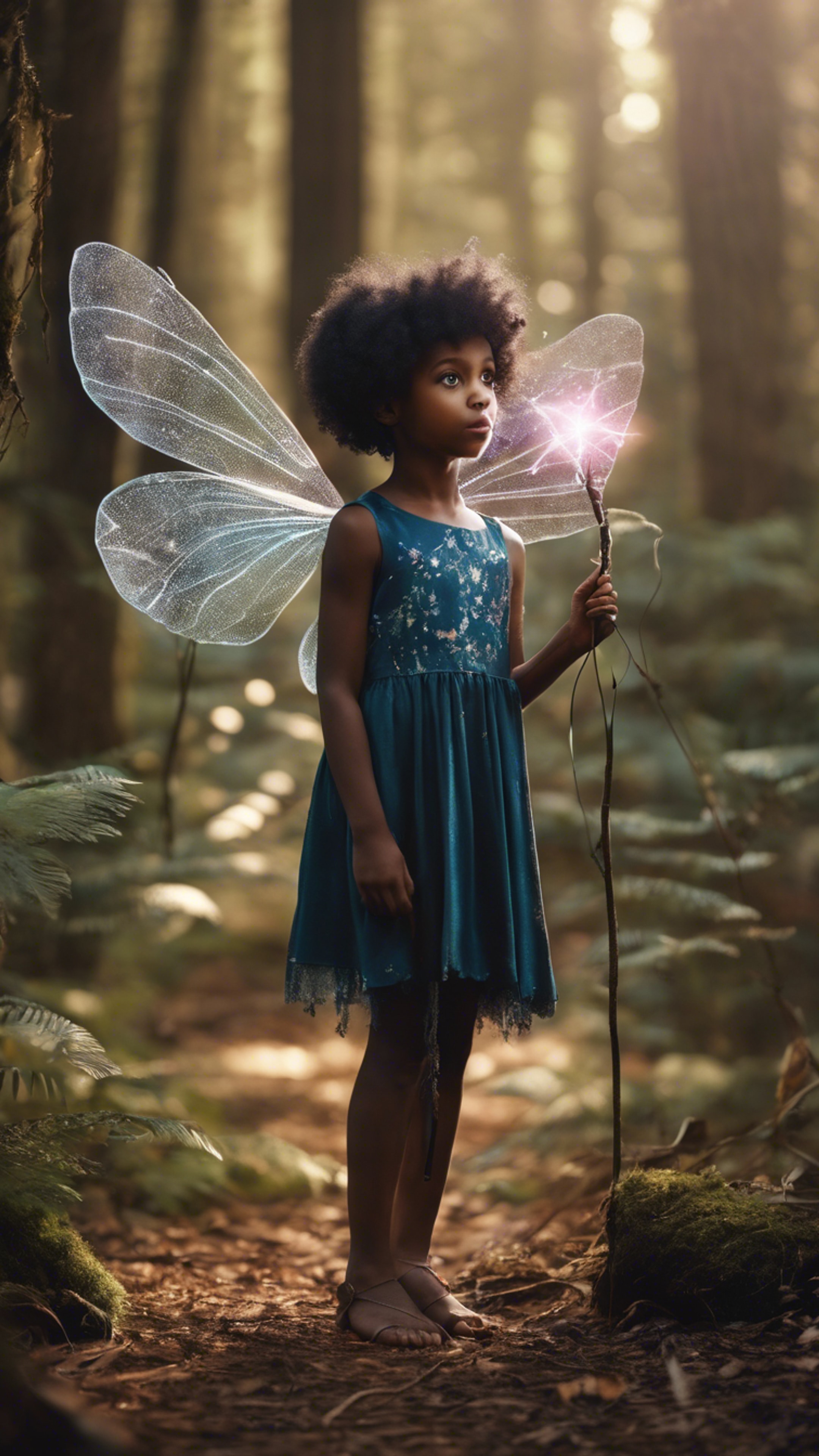 A cute image of a black girl wearing fairy wings, holding a magic wand in a mystical forest. Tapeta[6c77347a4892474c928d]