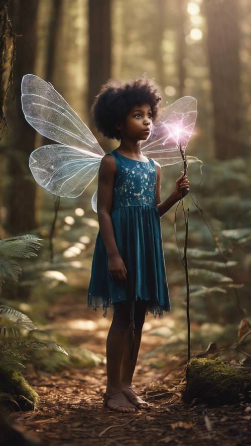 A cute image of a black girl wearing fairy wings, holding a magic wand in a mystical forest.