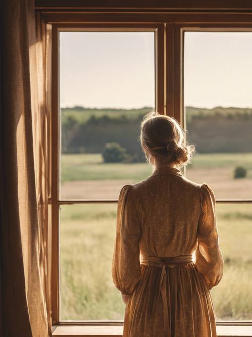 Uma mulher com um vestido de pradaria dos anos 70 olhando pela janela para um campo ensolarado.