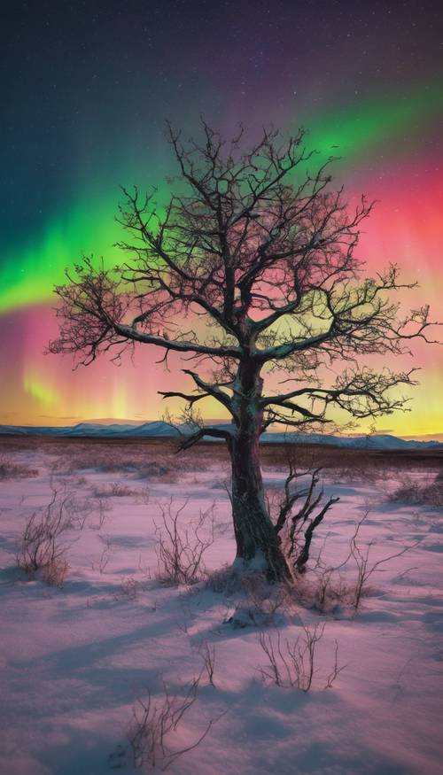 Uma árvore espectral e estéril recortada contra as cores vivas da Aurora Boreal, na desolada tundra do Ártico.