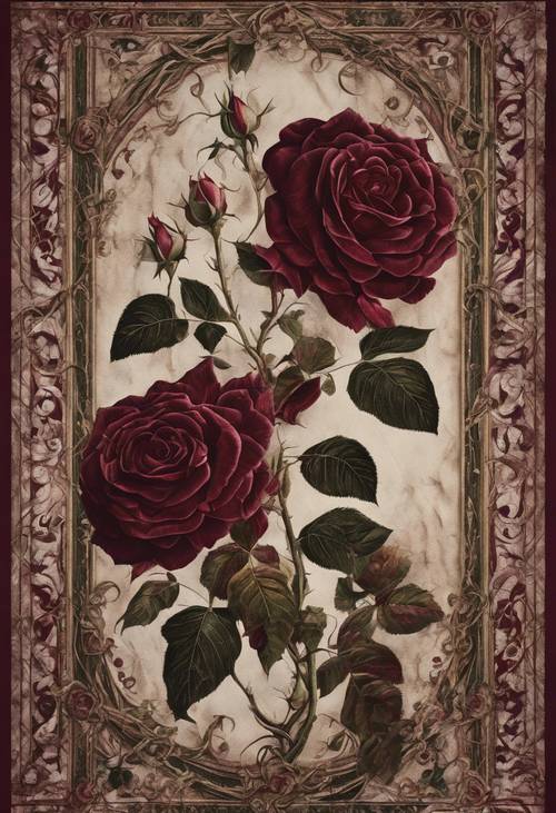 一幅波紋狀的哥德式掛毯，上面有錯綜複雜的藤蔓和深栗色的玫瑰。