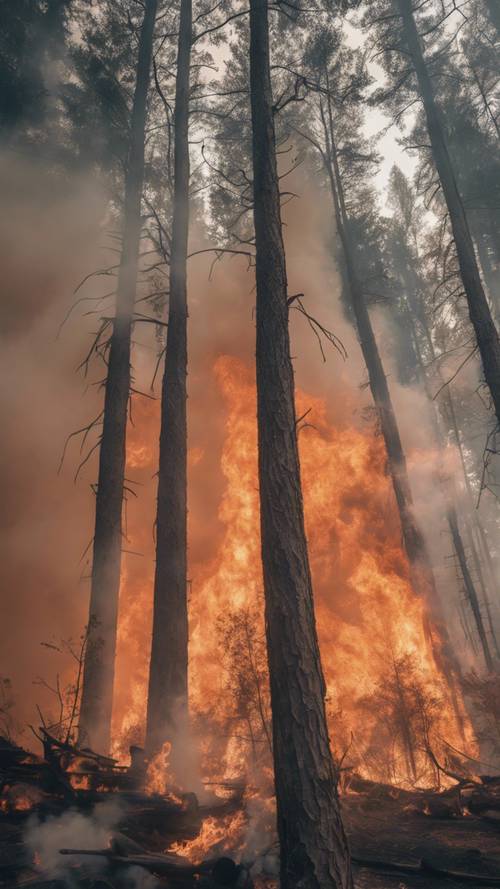 Pożar lasu wyrzucający w jasne popołudniowe niebo kolumny gęstego, szarego dymu.