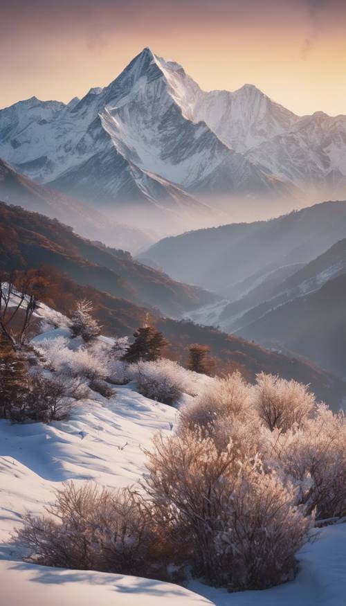 Pemandangan Himalaya yang tenang saat matahari terbit musim dingin bersalju dengan cahaya hangat terpantul di salju