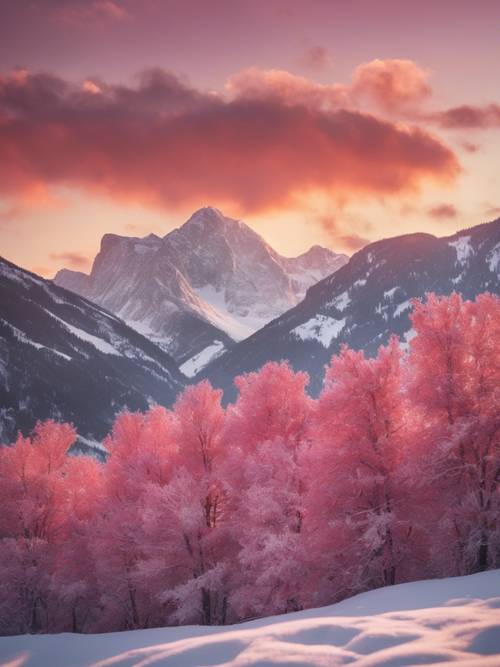 A vibrant sunrise over a snowy mountain range, casting a rosy hue over the untouched winter landscape.