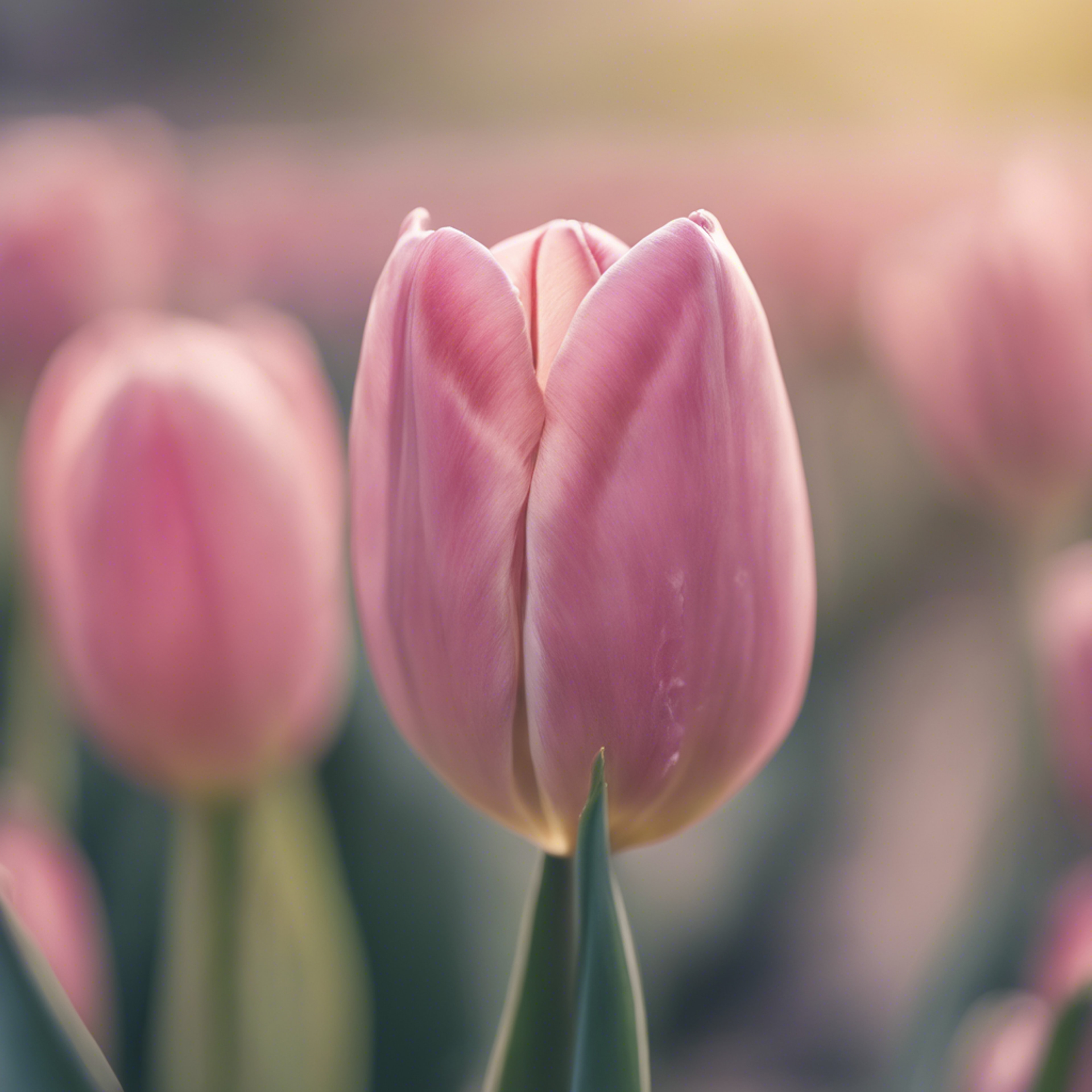 A close-up of a lone pink tulip against a soft and blurry pastel background ផ្ទាំង​រូបភាព[4132f8cb968043e28bd5]