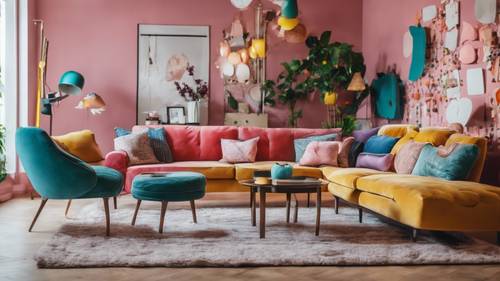 A stylish living room interior with mismatched colorful furniture and quirky, fun decorations