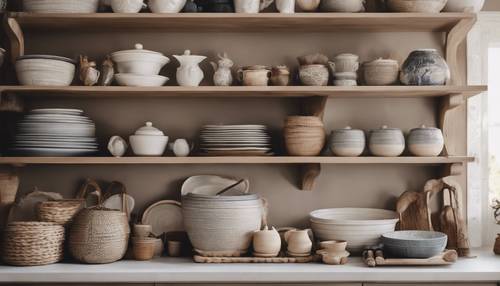 Estanterías abiertas con cerámica bohemia y cestas de mimbre en una cocina en tonos neutros