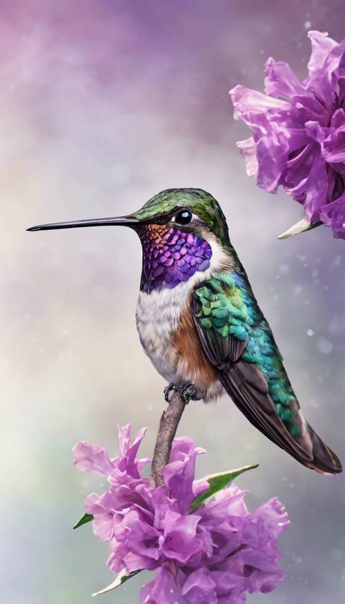 Un colibrì dalla gola viola appollaiato su un ramo, dipinto delicatamente nei toni del viola in acquerello