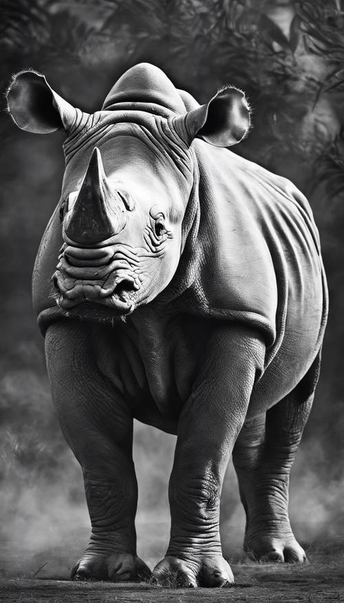 Черно-белая иллюстрация носорога, вдохновленная племенными произведениями искусства.