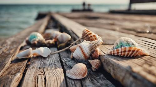 Em um cais de pesca de madeira desgastado, citações estéticas escritas com conchas coloridas.