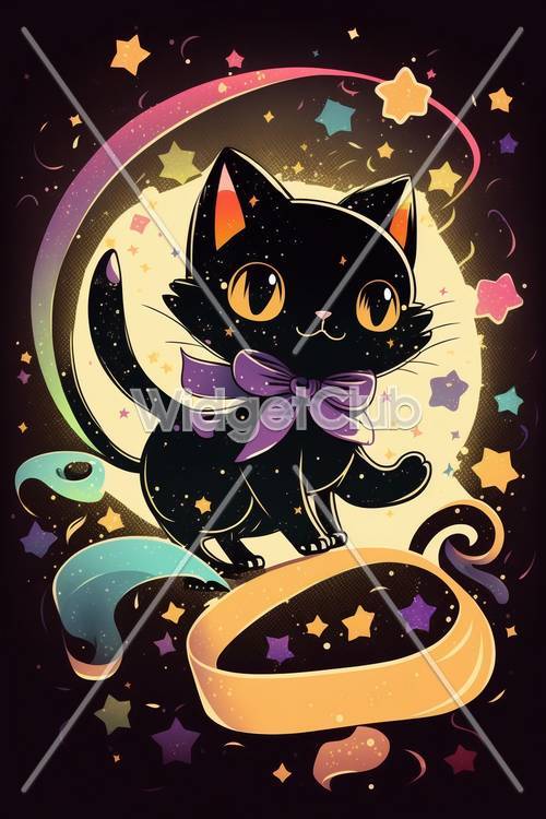 Cute Black Cat in Space with Stars and Planets