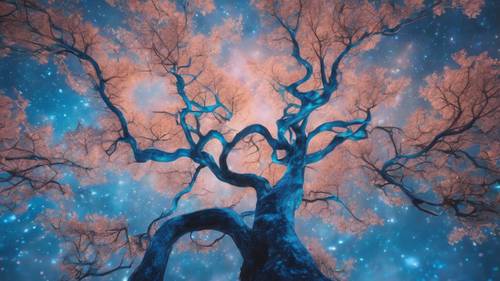 Abstrakcyjny projekt niebieskiego drzewa z wirującymi gałęziami wykonanymi z żywej, promiennej zorzy polarnej.