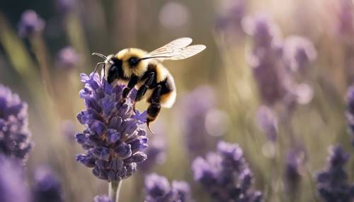 Gambar lebah yang mengambil nektar dari bunga lavender dengan fokus lembut.