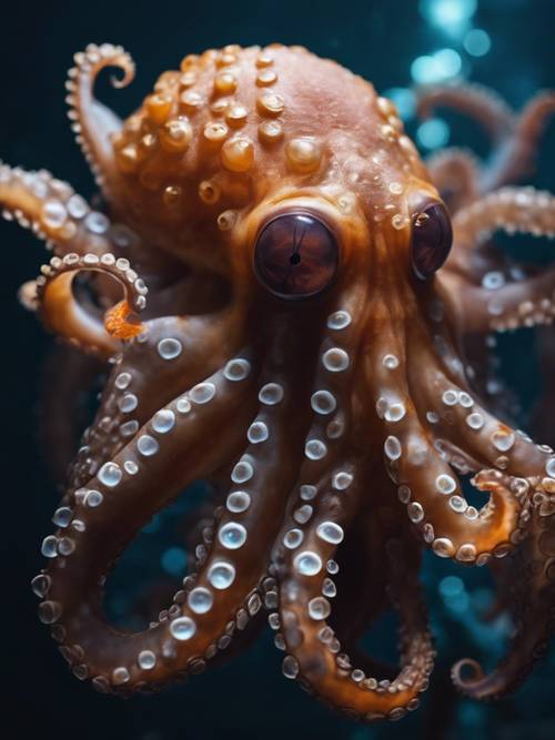 A deep sea concept of an octopus lurking in the darkness, its eyes and suction cups glowing with bio-luminescence.