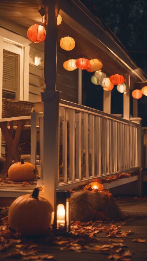 A quiet, suburban Thanksgiving evening featuring warm-hued lights, fallen leaves, and paper lanterns illuminating a cozy porch.