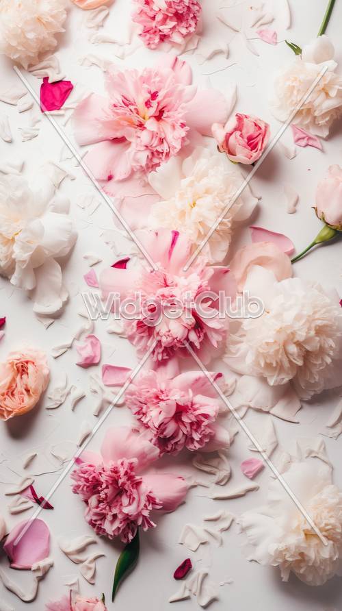 ピンクと白の牡丹の花が広がる絵　