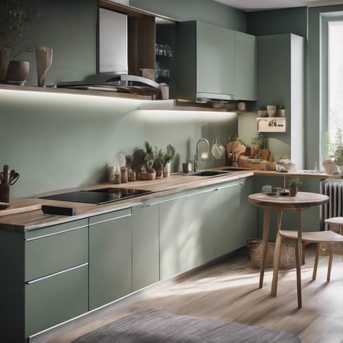 A modern, compact kitchen with sleek cabinets painted in sage green.