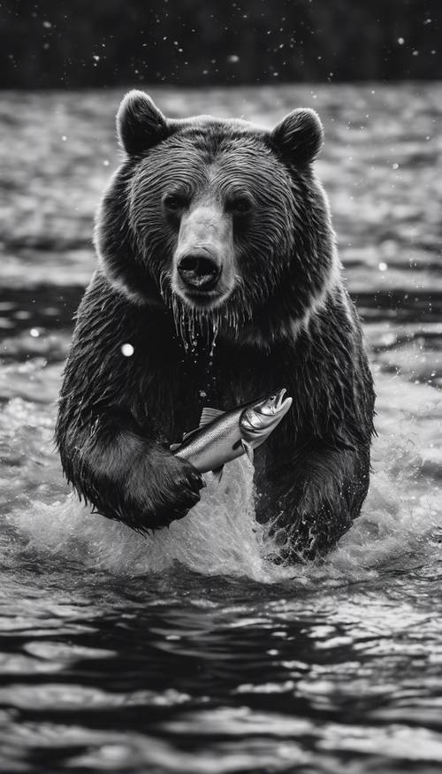 Picture a monochrome scene of a bear catching a fish in a fast flowing river under the moonlight.