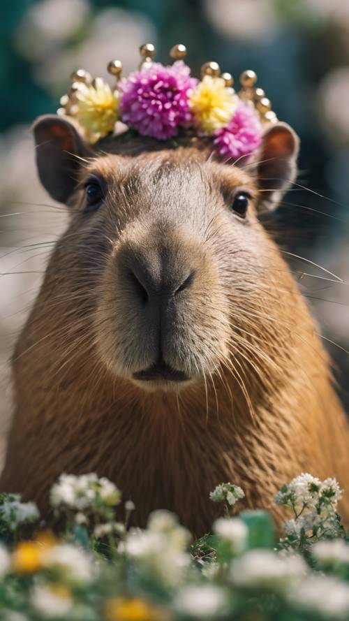 Un capybara avec une couronne de fleurs autour de la tête, regardant droit vers la caméra.