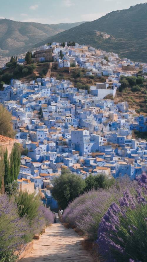 A scenic view of the blue city, Chefchaouen, in Morocco with a foreground of beautiful Butterfly Lavender flowers.