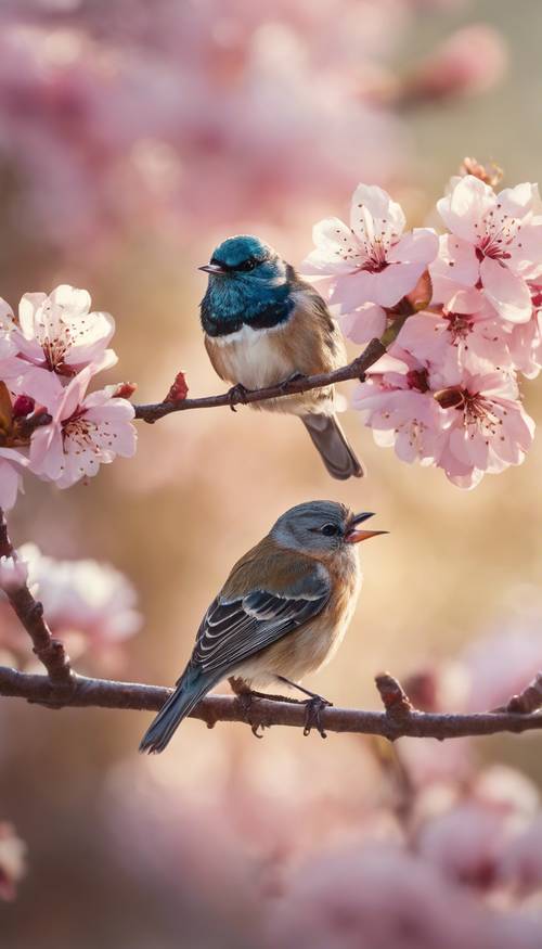 朝の光に照らされた桜の枝に優雅に止まる小鳥の壁紙