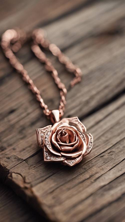 古董木桌上摆放着一条复古玫瑰金项链。