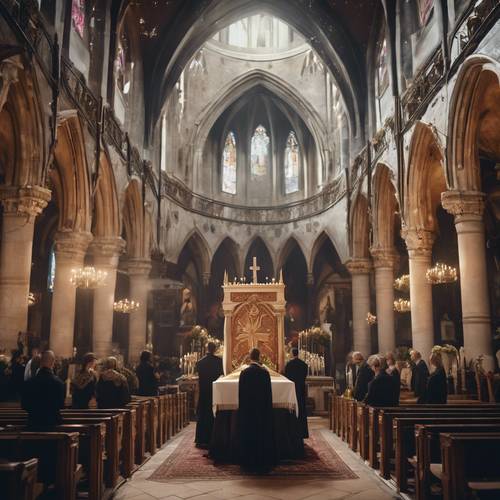 הלוויה נוצרית חגיגית שנערכה בכנסייה מעוטרת מימי הביניים