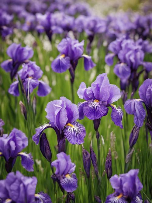 A picturesque scene of purple irises with a profound quote about nature elegantly typeset in the foreground.