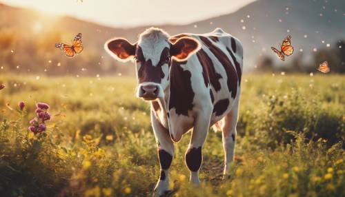 A small, cute cow with spotted patterns, playfully chasing butterflies in the colorful field during sunrise.