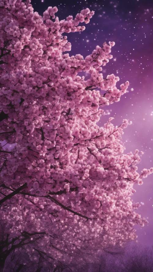 Ciliegi in piena fioritura contro un cielo viola intenso, baciato da stelle scintillanti.