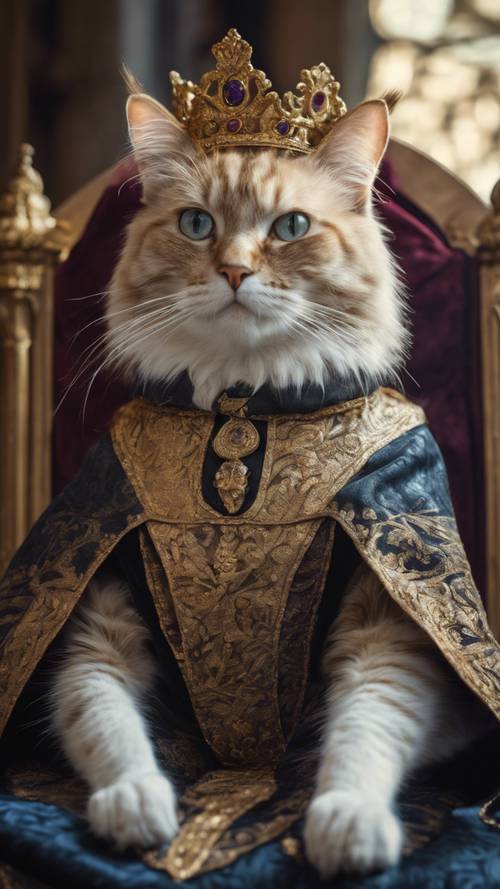 An illustration in a Renaissance style of a dignified elderly cat dressed in royal robes, seated on a regal throne.